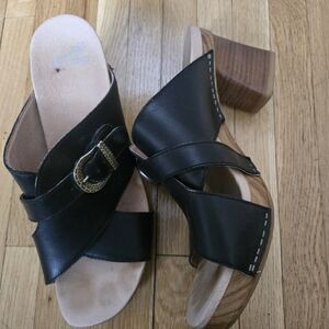 Dansko Black Leather Mules with Wooden Heel